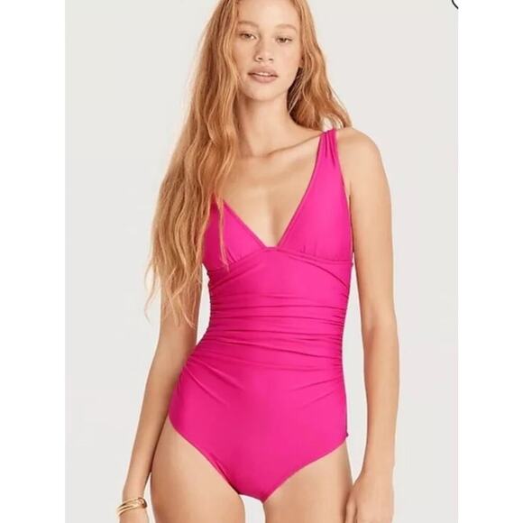 NEW J. Crew Women’s Size 6‎ Radiant Fuchsia Ruched V-neck One-Piece NWT - Picture 1 of 4